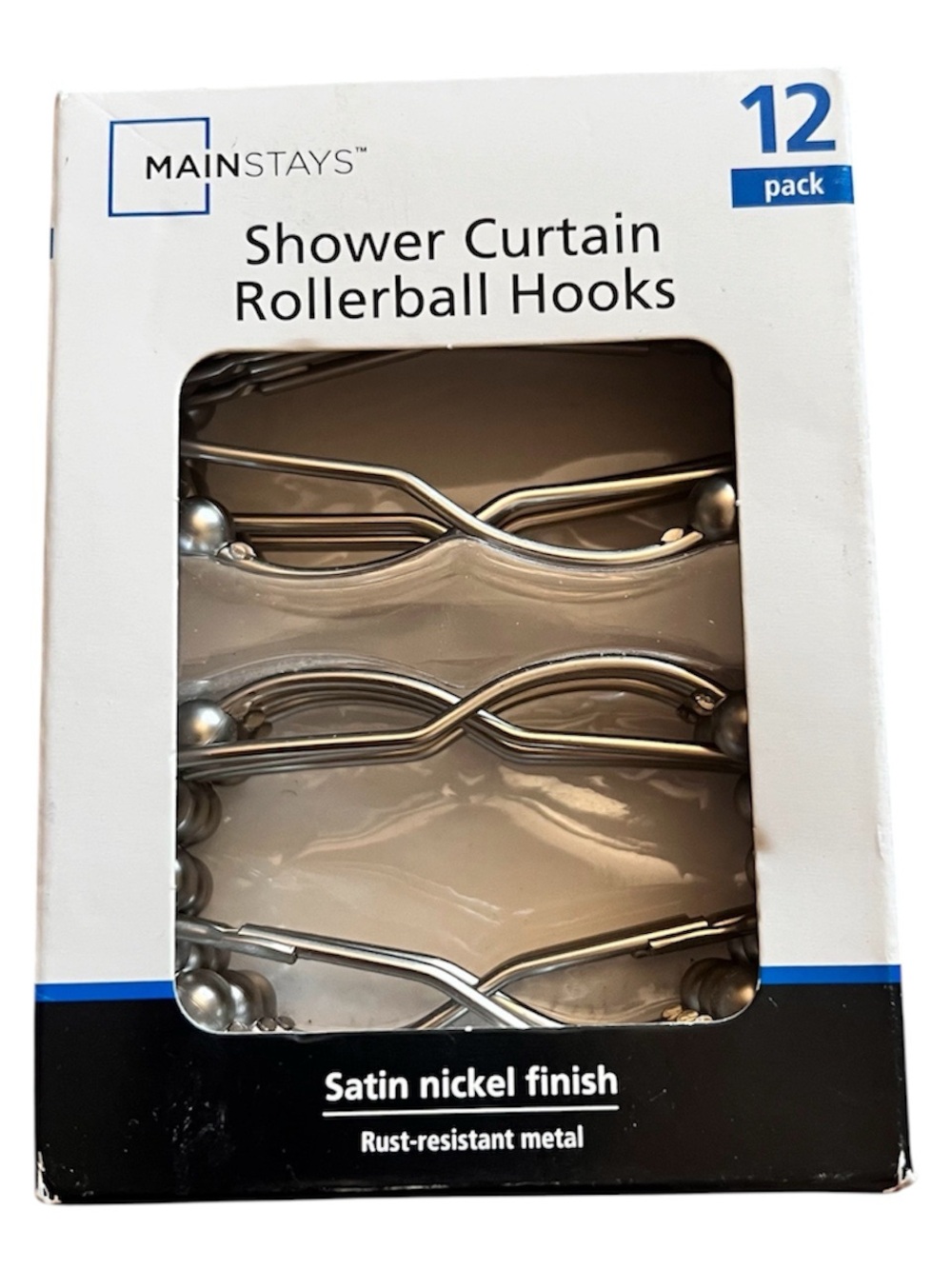 Mainstays Satin Nickel Shower Curtain Rollerball Hooks - Silver Finish, 12 Pack